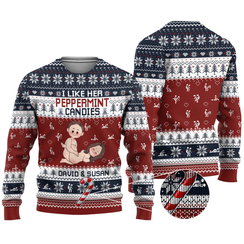 I Like Her Peppermint Candies His Candy Cane - Personalized Couple Ugly Sweater