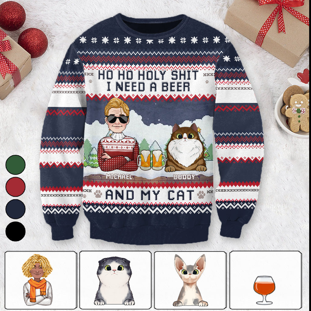 I Need Beer And My Cat - Personalized Cat Ugly Sweater