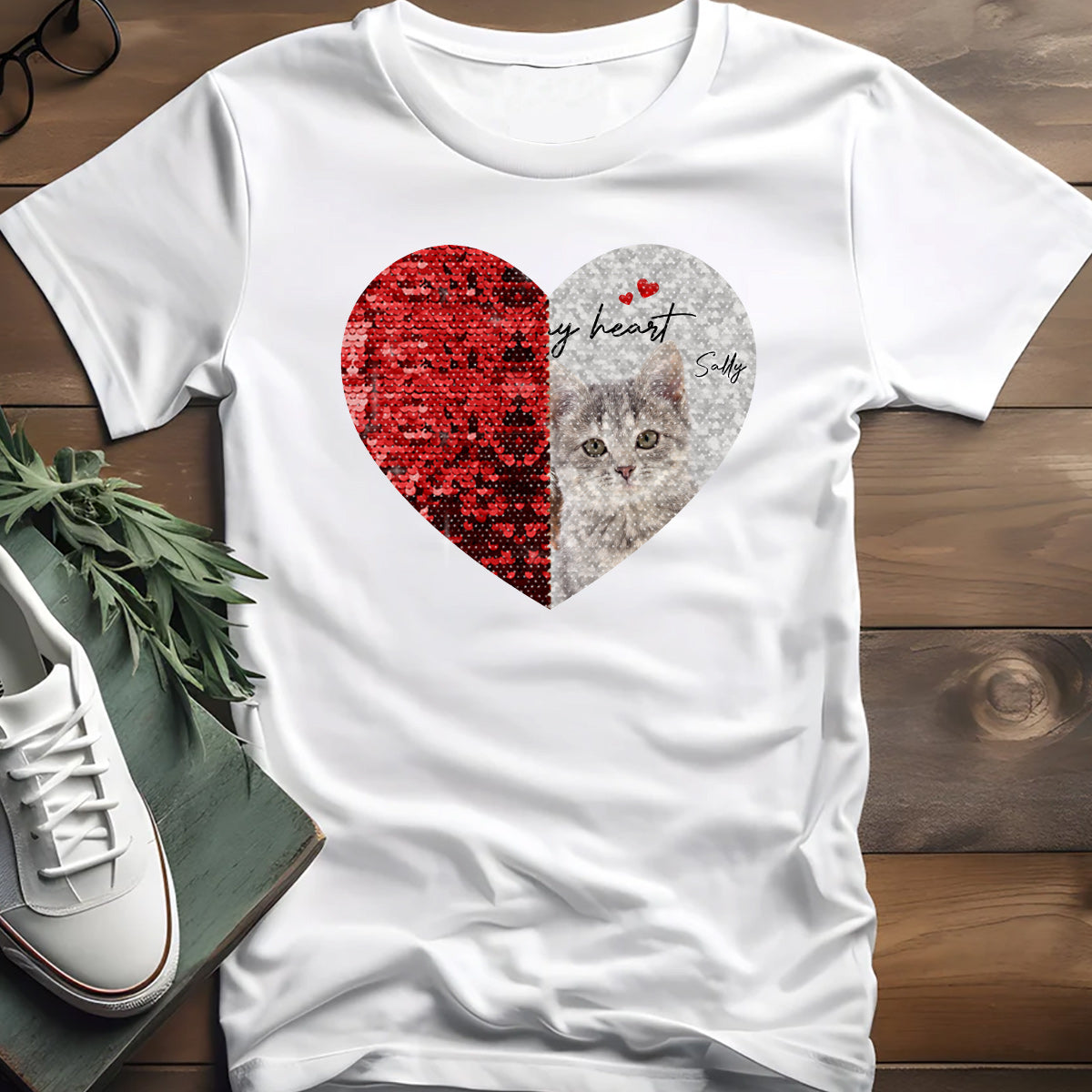 Forever In My Heart Custom Photo Dog & Cat - Gift for dog lovers, dog lover, cat lover - Personalized Sequin T-shirt