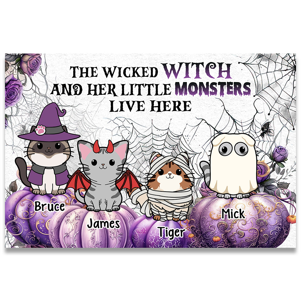 A Wicked Witch And Little Monsters - Personalized Cat Doormat