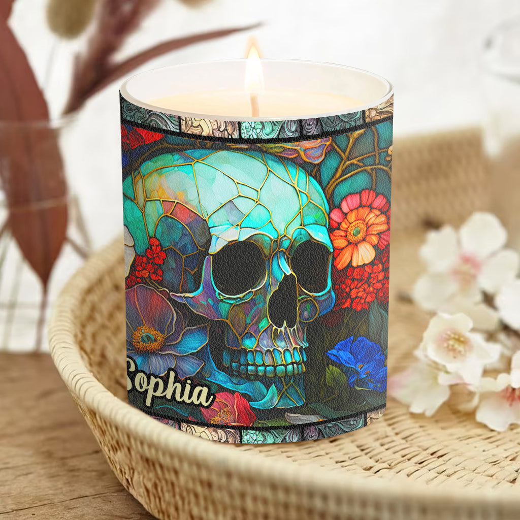 Floral Skull - Personalized Skull Candle With Wooden Lid