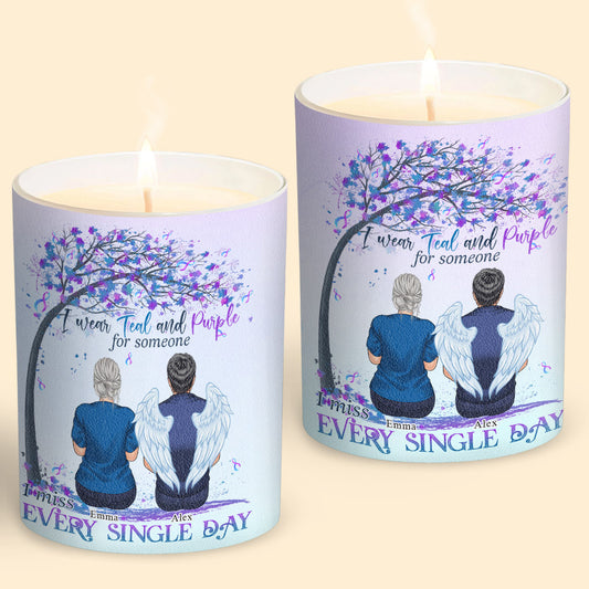 I Wear Teal And Purple - Personalized Suicide Prevention Candle With Wooden Lid