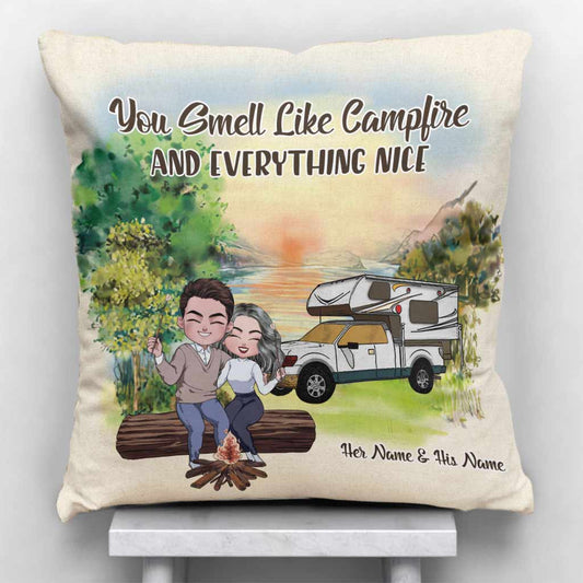 You Smell Like Campfire - Personalized Couple Camping Throw Pillow