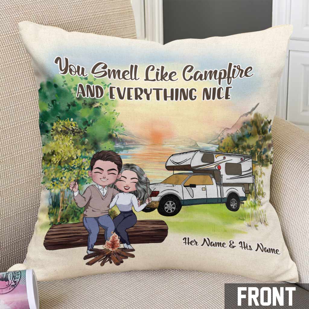 You Smell Like Campfire - Personalized Couple Camping Throw Pillow