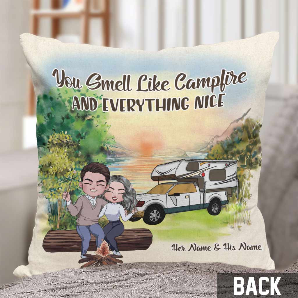 You Smell Like Campfire - Personalized Couple Camping Throw Pillow