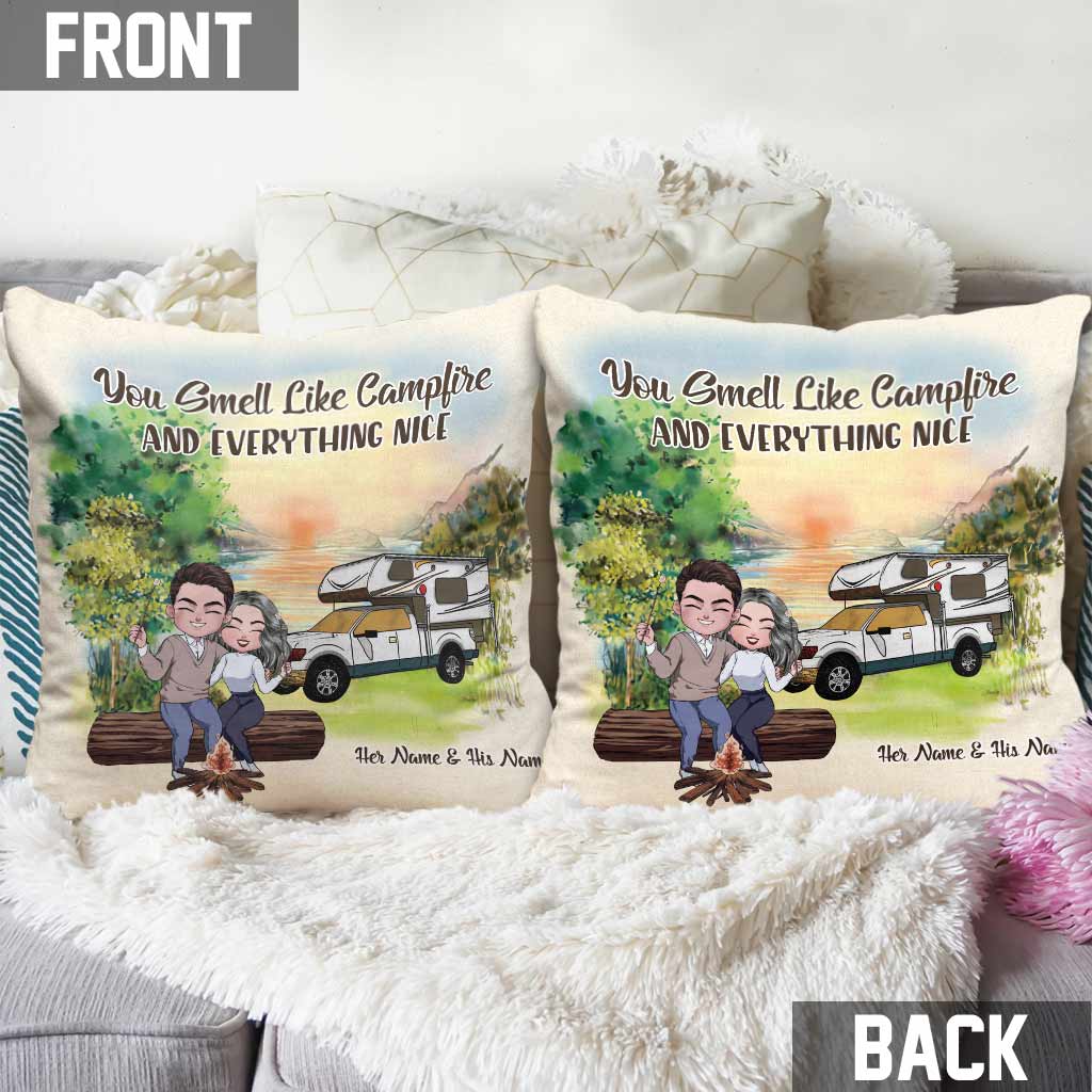 You Smell Like Campfire - Personalized Couple Camping Throw Pillow