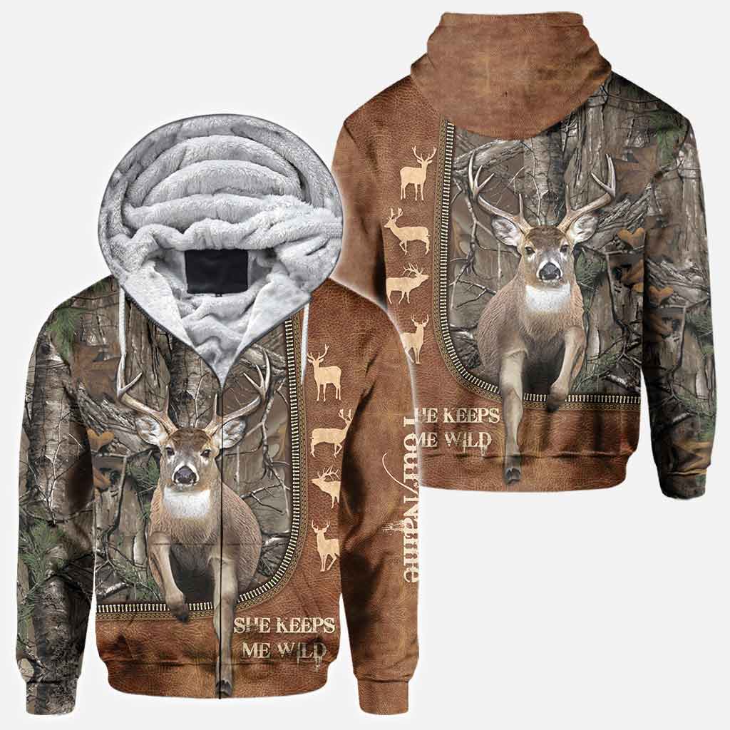 He Keeps Me Safe - Personalized Couple Hunting All Over T-shirt and Hoodie With Leather Pattern Print