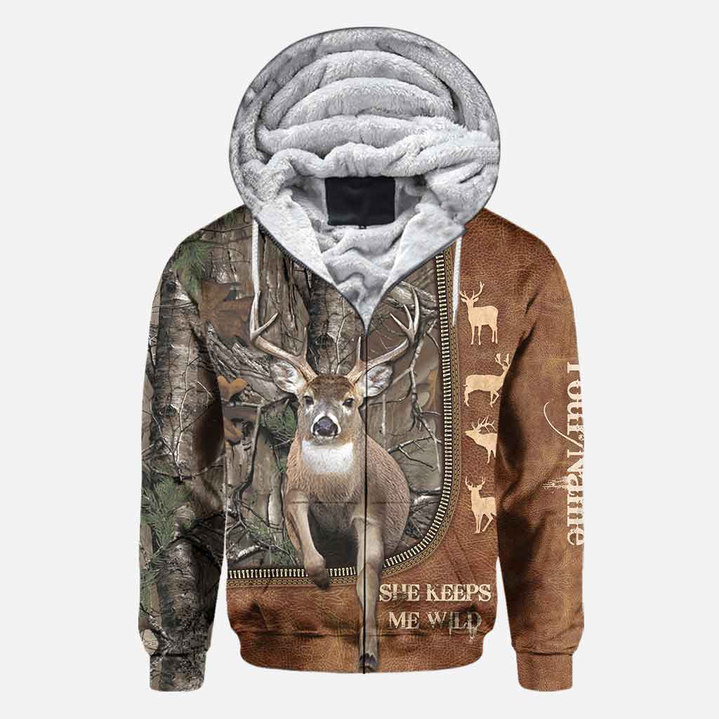 He Keeps Me Safe - Personalized Couple Hunting All Over T-shirt and Hoodie With Leather Pattern Print