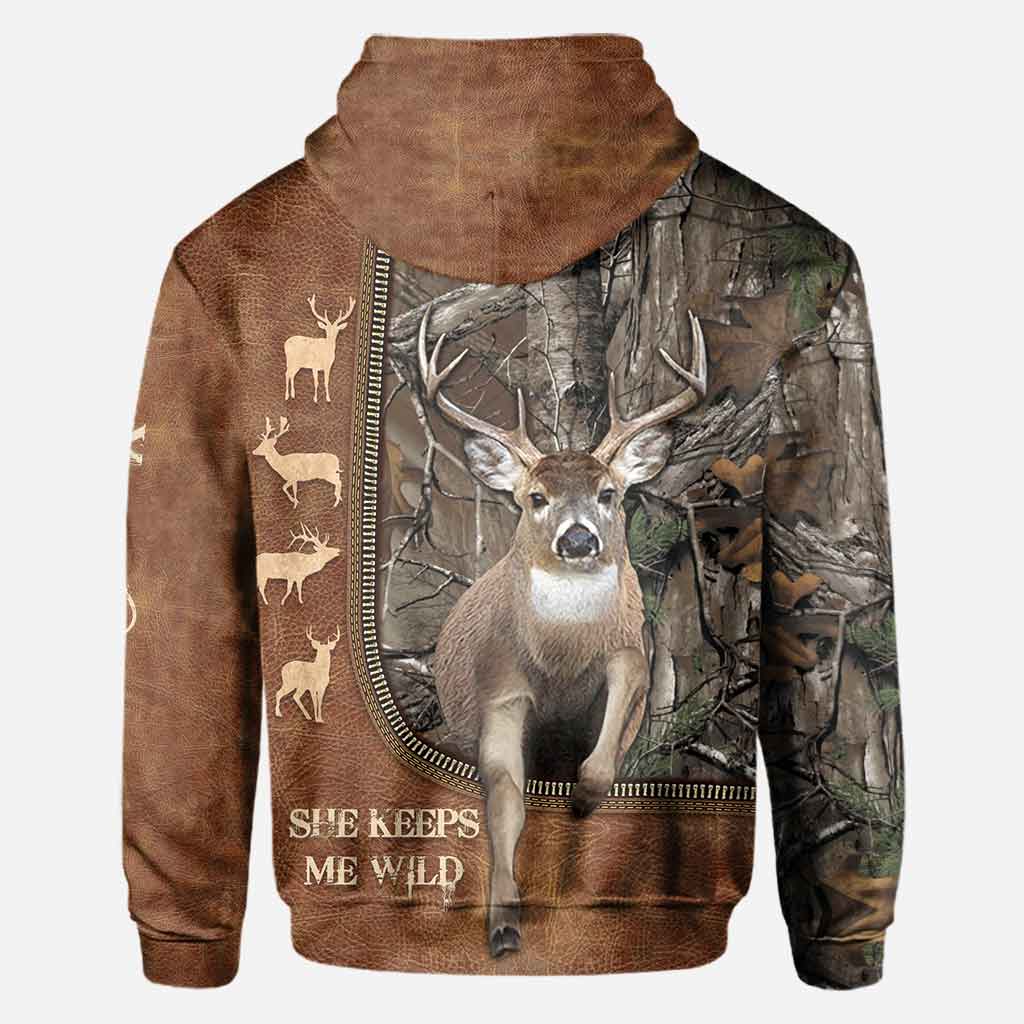 He Keeps Me Safe - Personalized Couple Hunting All Over T-shirt and Hoodie With Leather Pattern Print