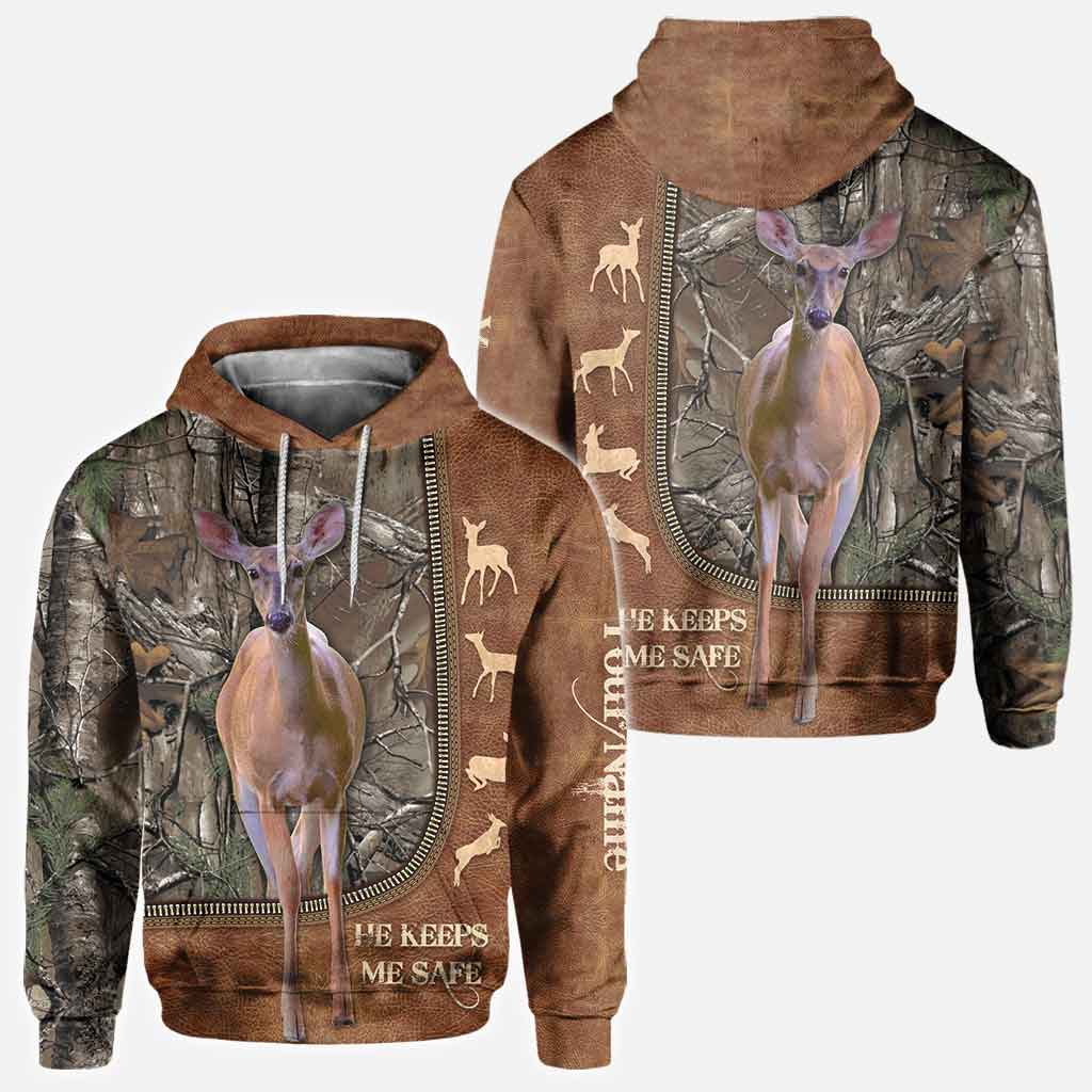 He Keeps Me Safe - Personalized Couple Hunting All Over T-shirt and Hoodie With Leather Pattern Print