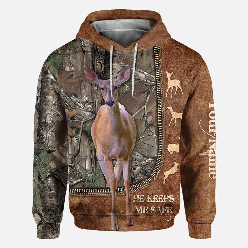 He Keeps Me Safe - Personalized Couple Hunting All Over T-shirt and Hoodie With Leather Pattern Print
