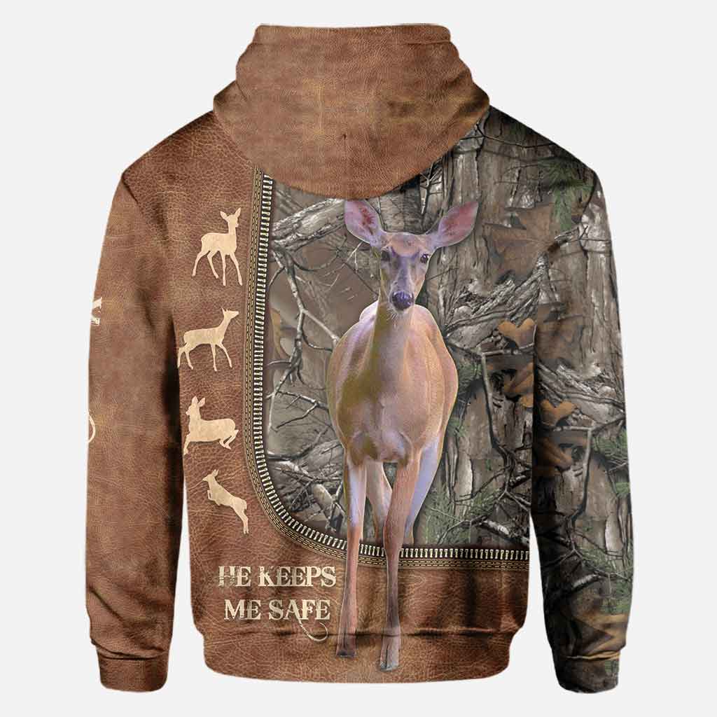 He Keeps Me Safe - Personalized Couple Hunting All Over T-shirt and Hoodie With Leather Pattern Print