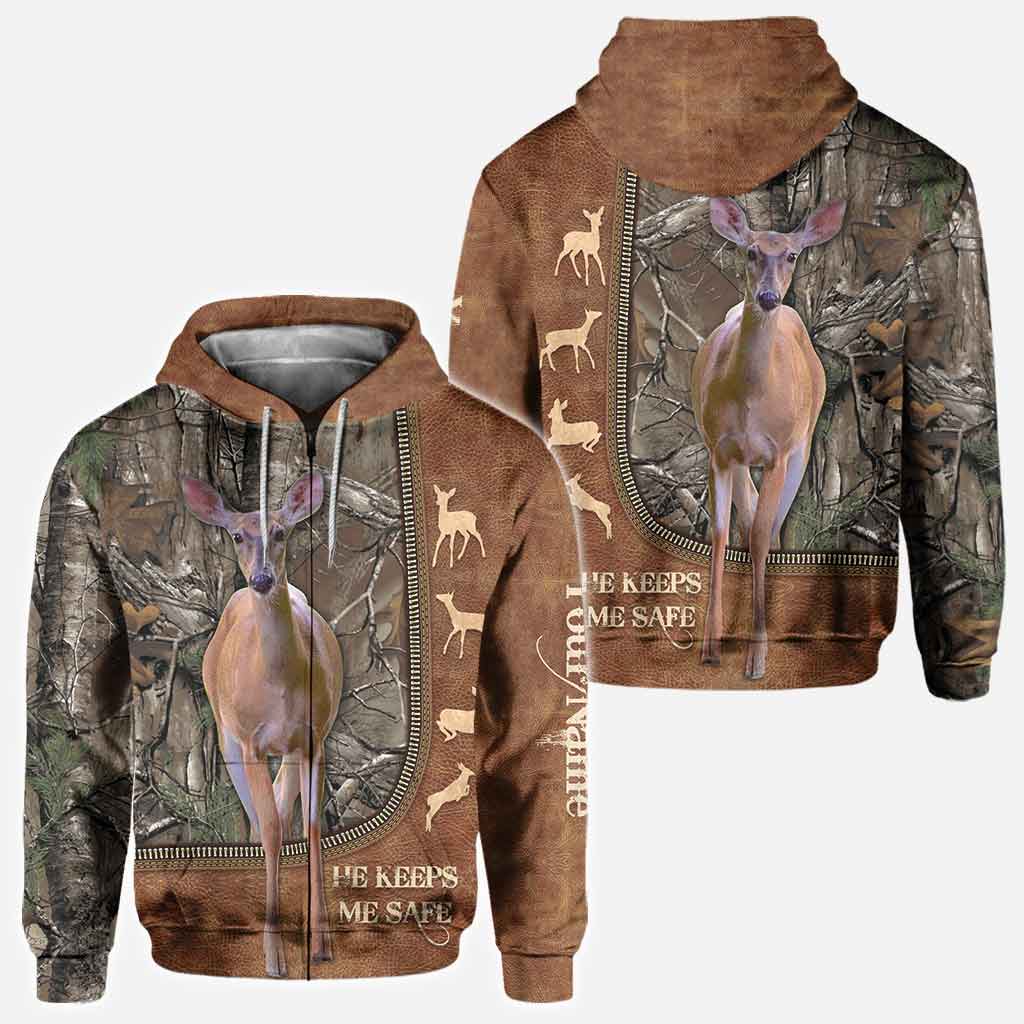 He Keeps Me Safe - Personalized Couple Hunting All Over T-shirt and Hoodie With Leather Pattern Print