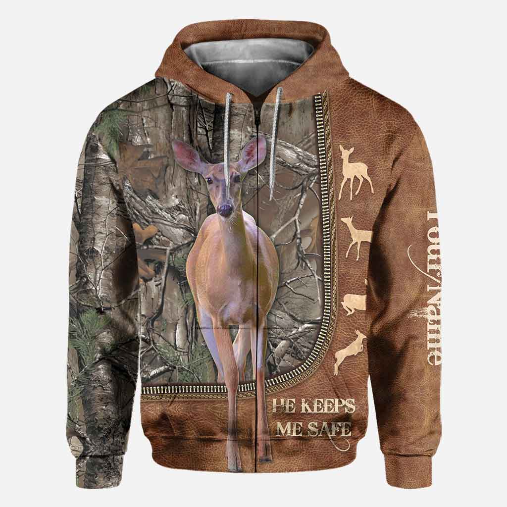 He Keeps Me Safe - Personalized Couple Hunting All Over T-shirt and Hoodie With Leather Pattern Print