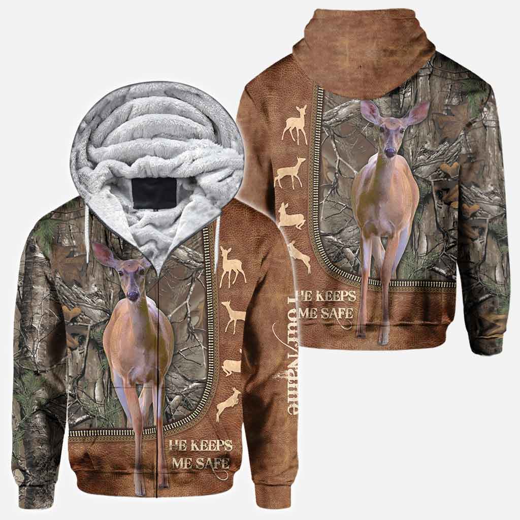 He Keeps Me Safe - Personalized Couple Hunting All Over T-shirt and Hoodie With Leather Pattern Print