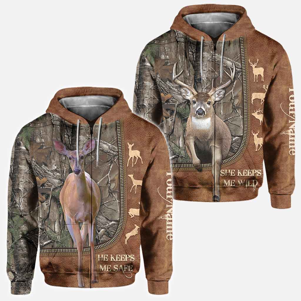 He Keeps Me Safe - Personalized Couple Hunting All Over T-shirt and Hoodie With Leather Pattern Print