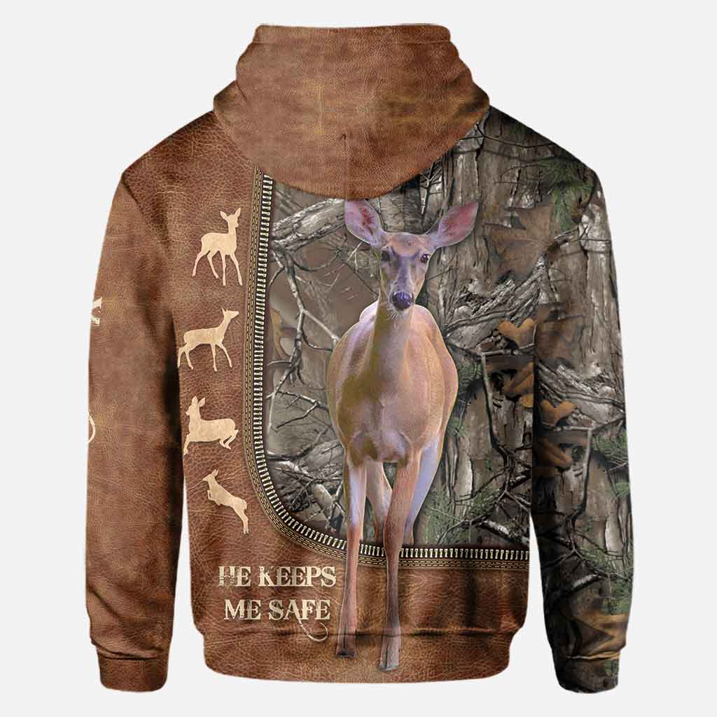 He Keeps Me Safe - Personalized Couple Hunting All Over T-shirt and Hoodie With Leather Pattern Print