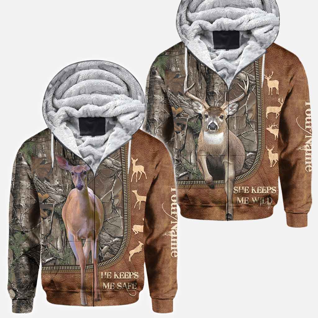 He Keeps Me Safe - Personalized Couple Hunting All Over T-shirt and Hoodie With Leather Pattern Print