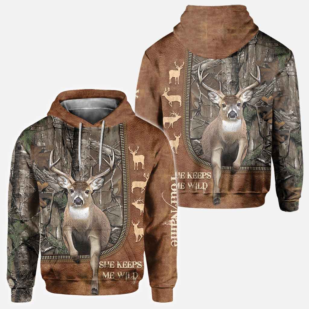 He Keeps Me Safe - Personalized Couple Hunting All Over T-shirt and Hoodie With Leather Pattern Print