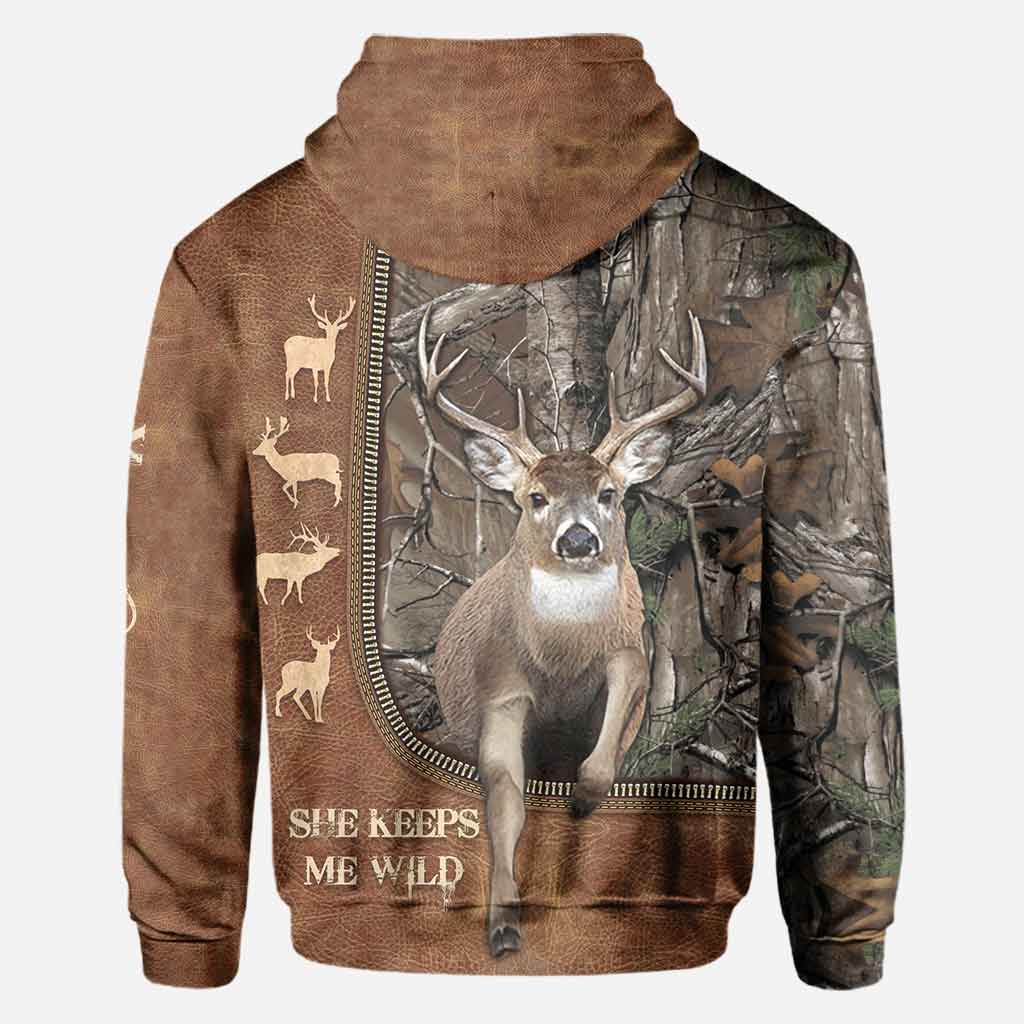 He Keeps Me Safe - Personalized Couple Hunting All Over T-shirt and Hoodie With Leather Pattern Print