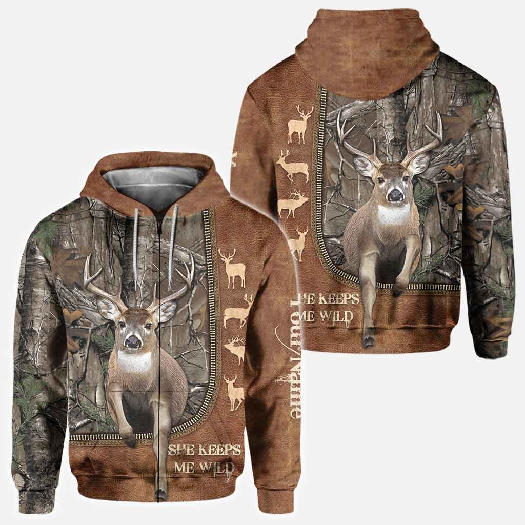 He Keeps Me Safe - Personalized Couple Hunting All Over T-shirt and Hoodie With Leather Pattern Print