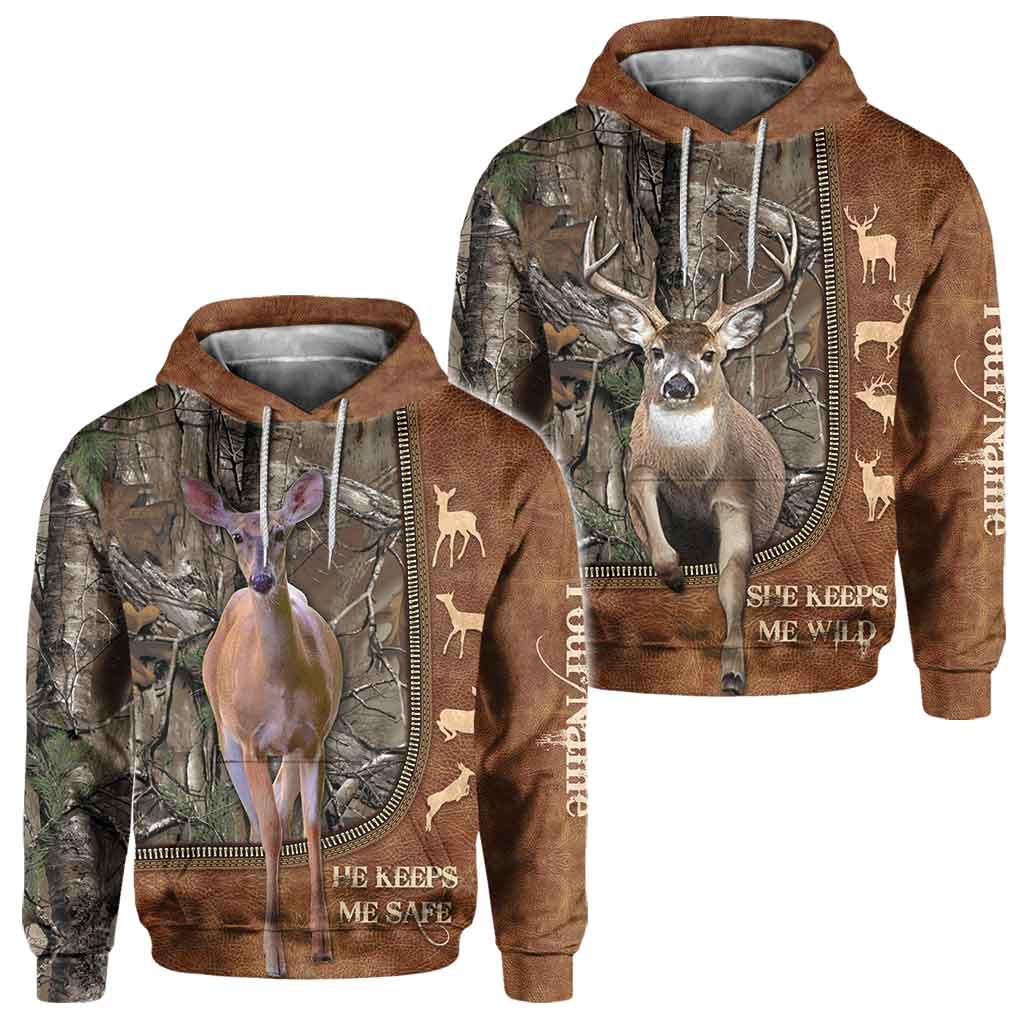 He Keeps Me Safe - Personalized Couple Hunting All Over T-shirt and Hoodie With Leather Pattern Print
