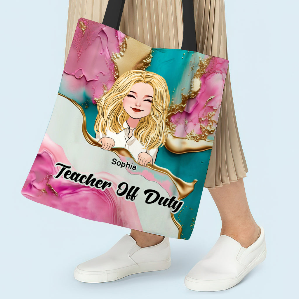 Teacher Off Duty Pink Leopard Turquoise Blue - Personalized Teacher Tote Bag