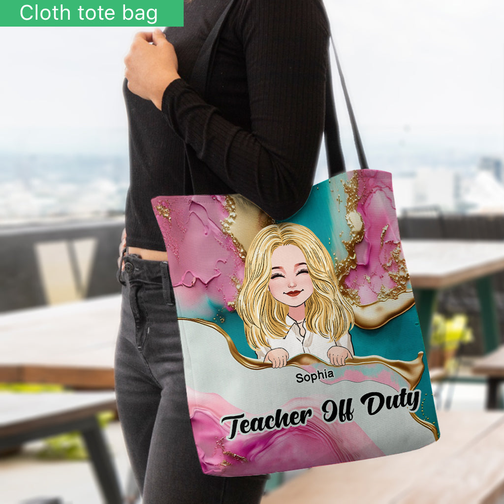 Teacher Off Duty Pink Leopard Turquoise Blue - Personalized Teacher Tote Bag