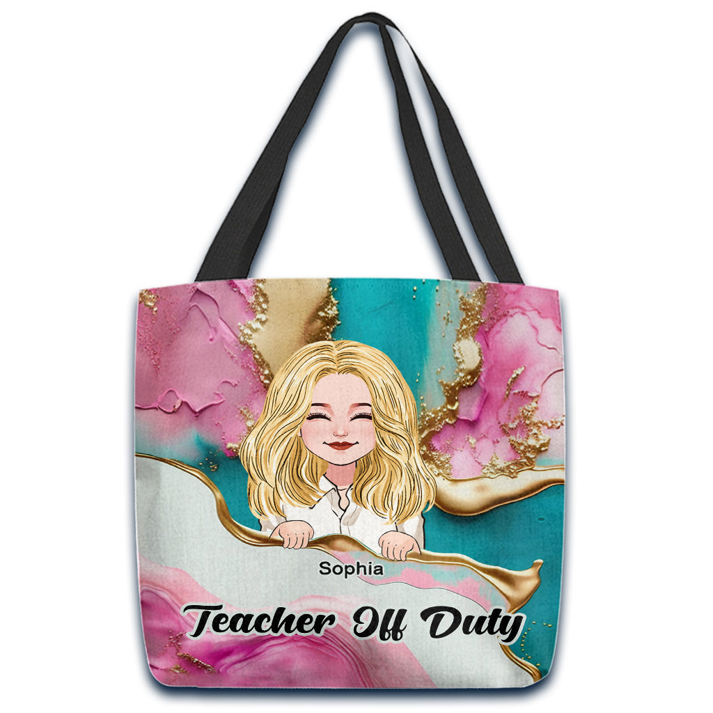Teacher Off Duty Pink Leopard Turquoise Blue - Personalized Teacher Tote Bag