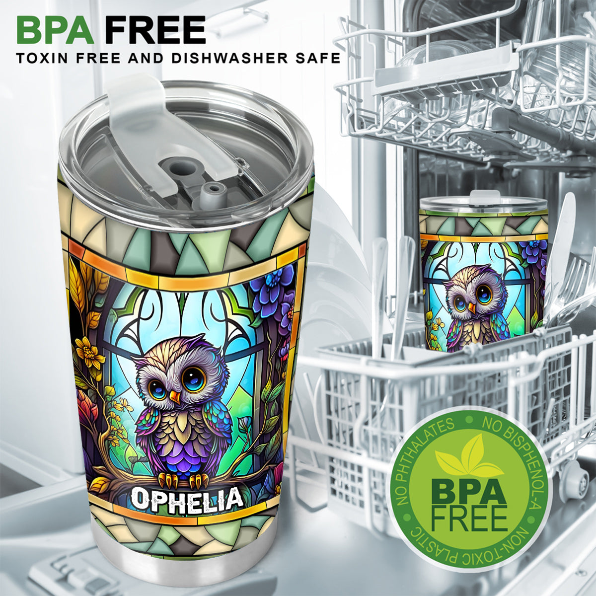 Cute Owl Stained Glass - Personalized Owl Tumbler