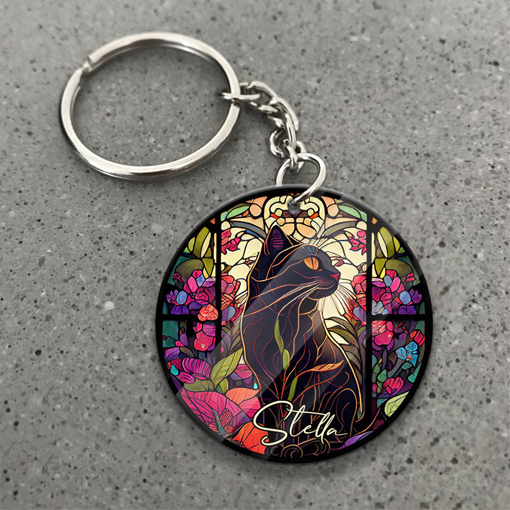 Stained Glass Black Cat - Personalized Black Cat Keychain (Printed On Both Sides)