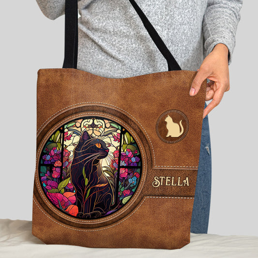 Stained Glass Black Cat - Personalized Black Cat Tote Bag