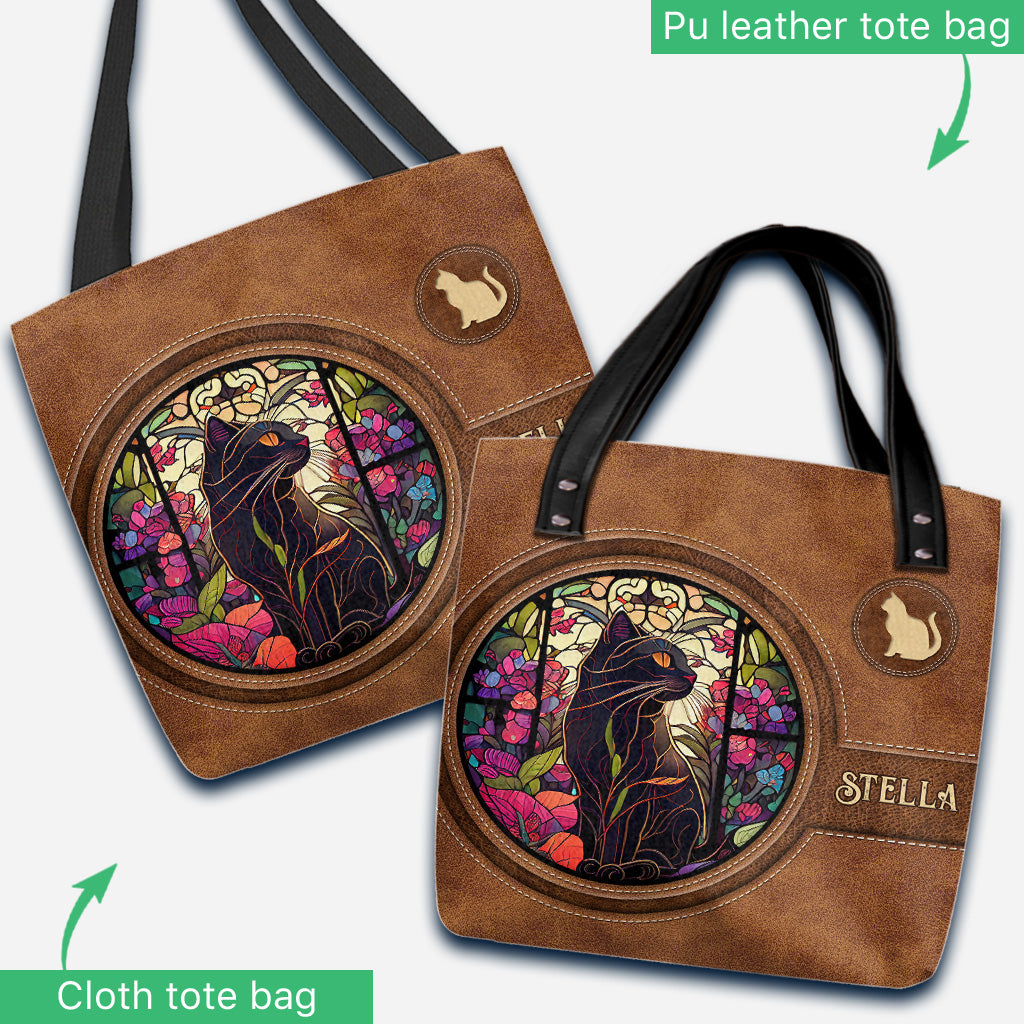 Stained Glass Black Cat - Personalized Black Cat Tote Bag