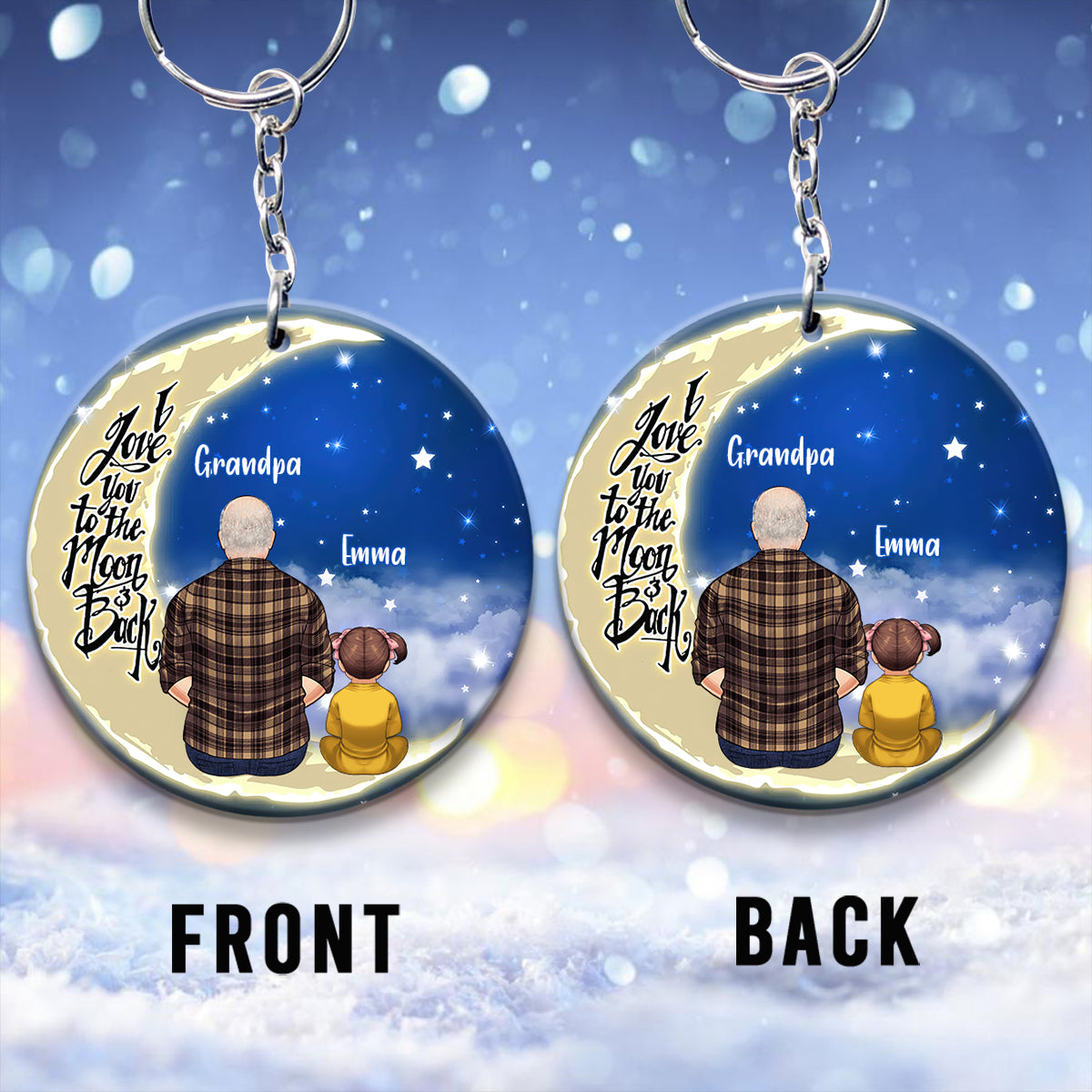 I Love You To The Moon And Back - Personalized Grandpa Keychain (Printed On Both Sides)
