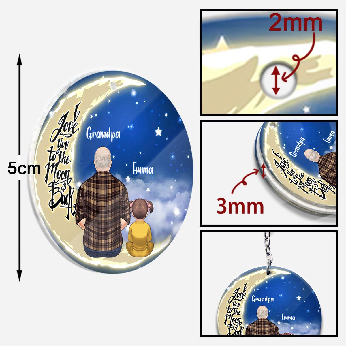 I Love You To The Moon And Back - Personalized Grandpa Keychain (Printed On Both Sides)