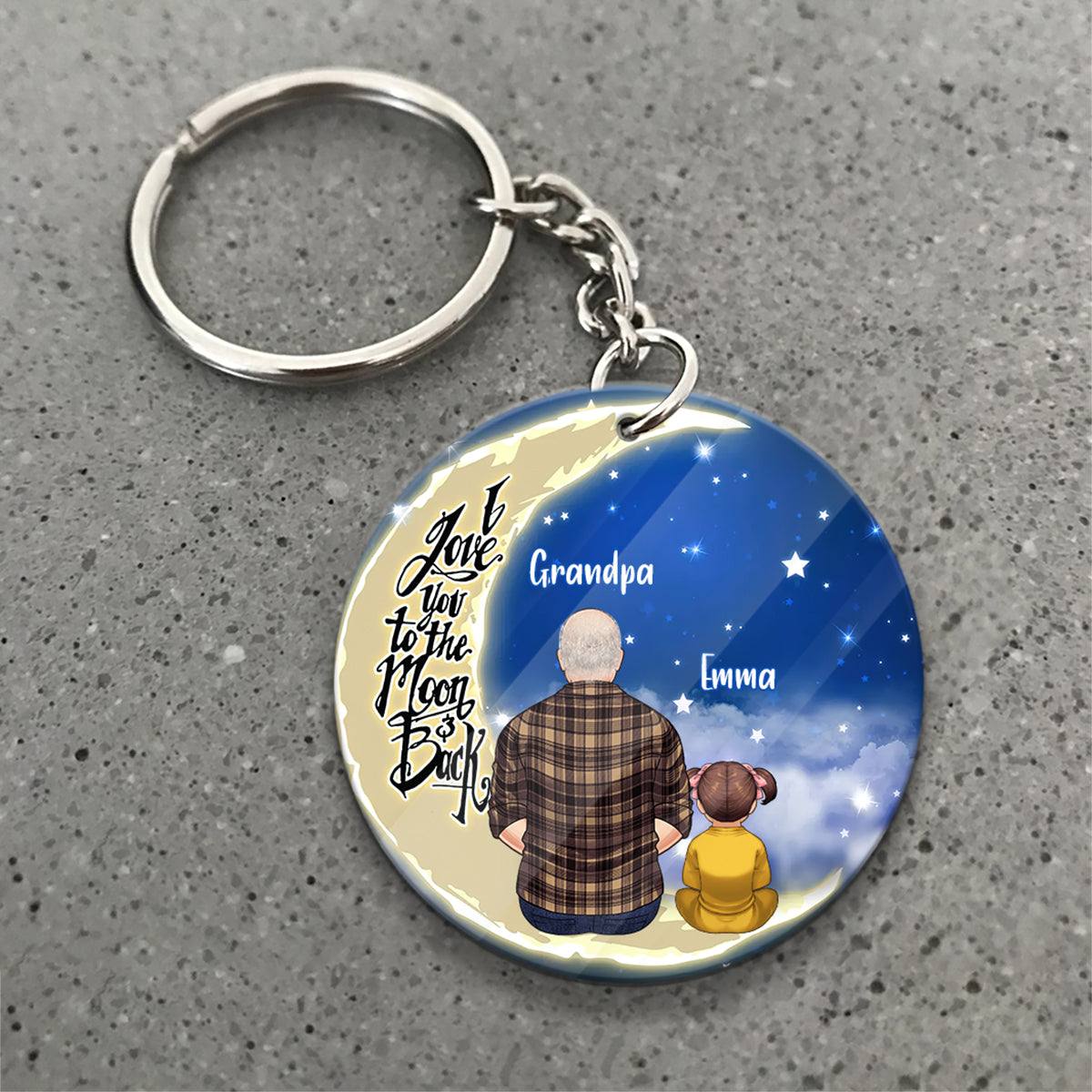 I Love You To The Moon And Back - Personalized Grandpa Keychain (Printed On Both Sides)