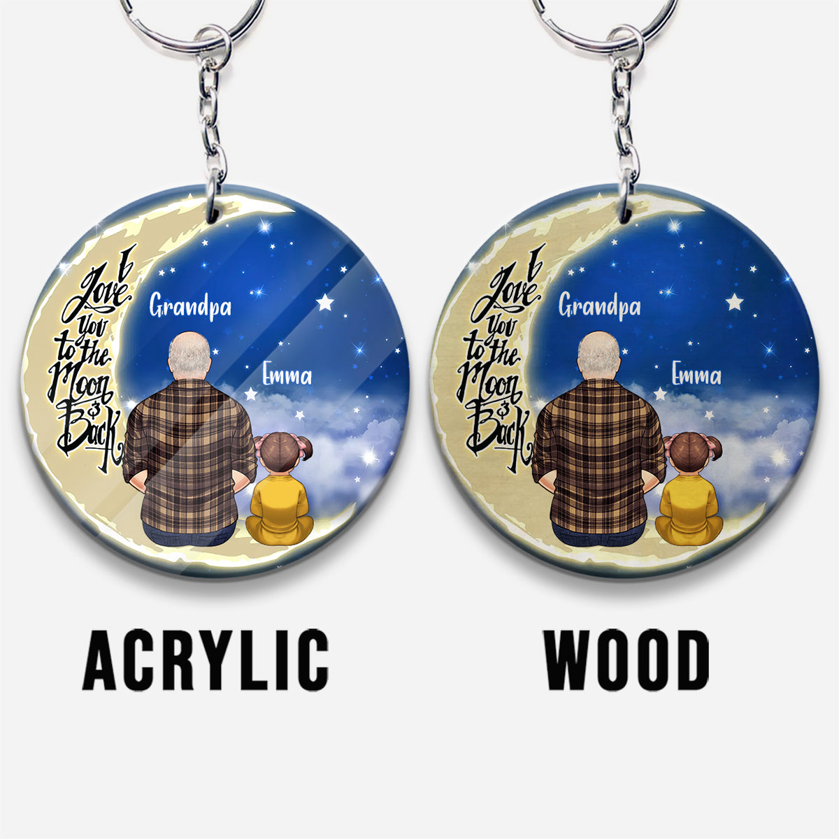 I Love You To The Moon And Back - Personalized Grandpa Keychain (Printed On Both Sides)