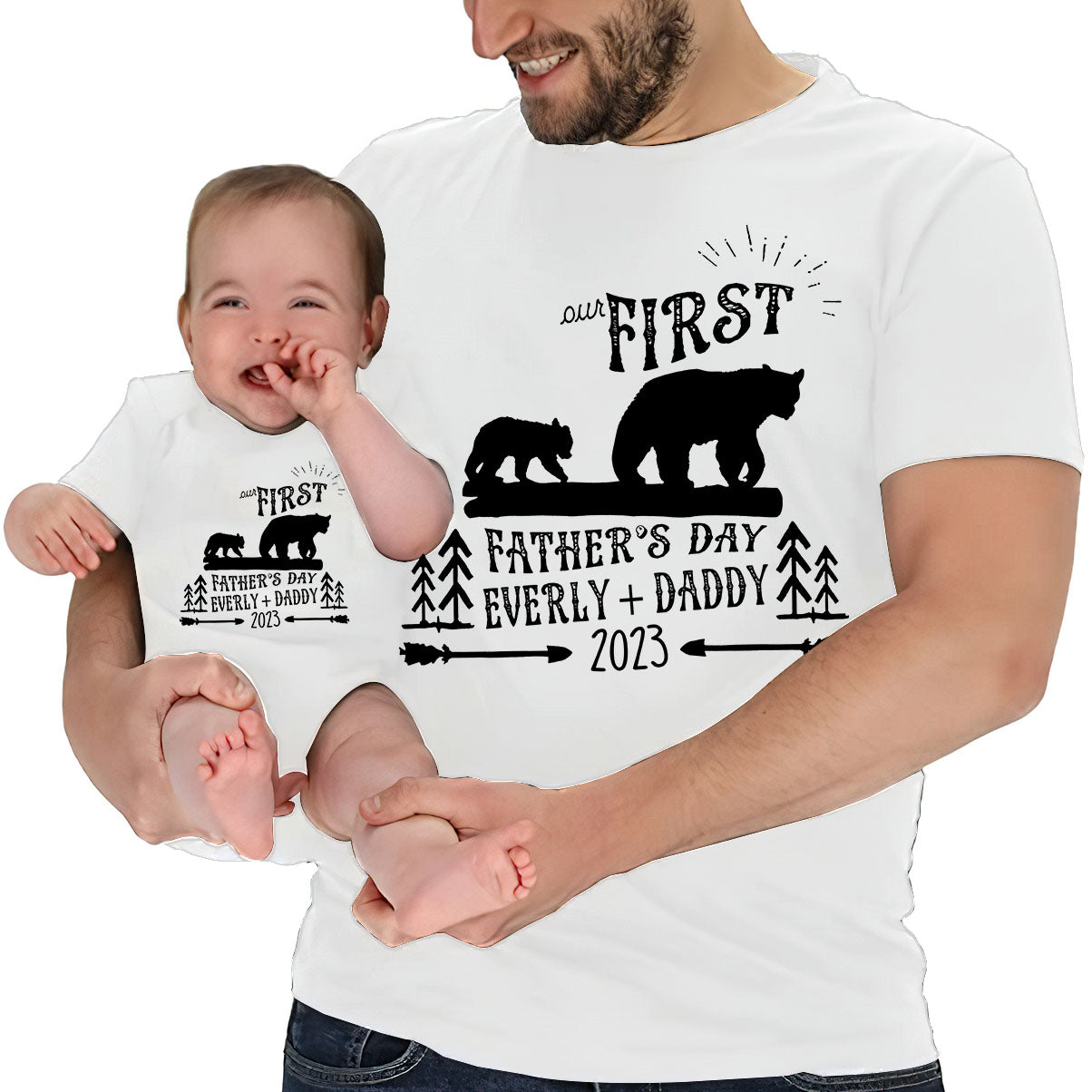 First Father's Day - Personalized Father T-shirt And Baby Onesie