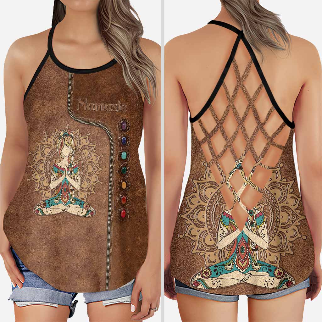 Namaste Leather Pattern Print Cross Tank Top