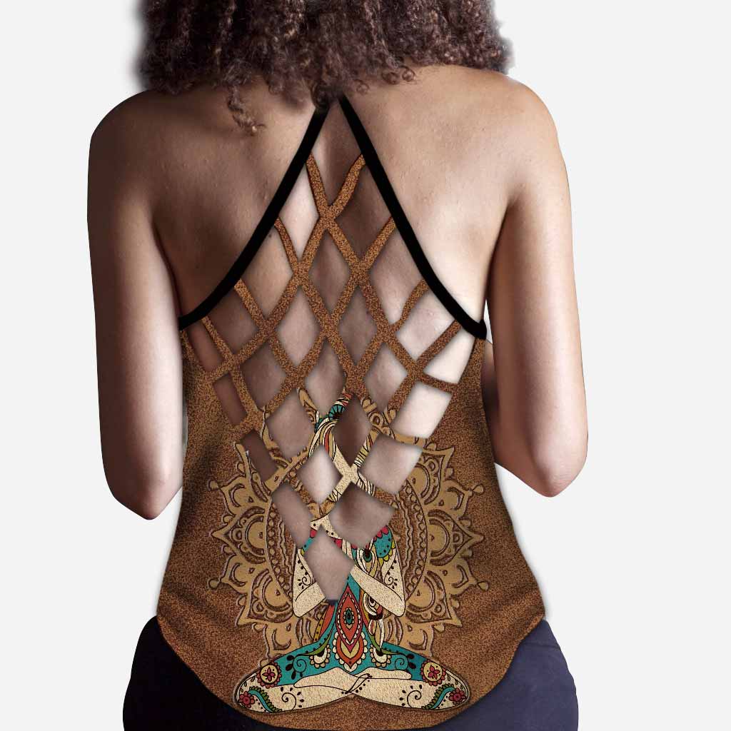 Namaste Leather Pattern Print Cross Tank Top
