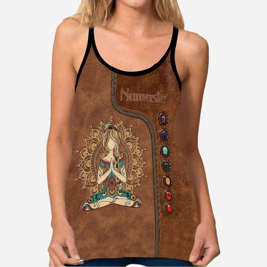 Namaste Leather Pattern Print Cross Tank Top