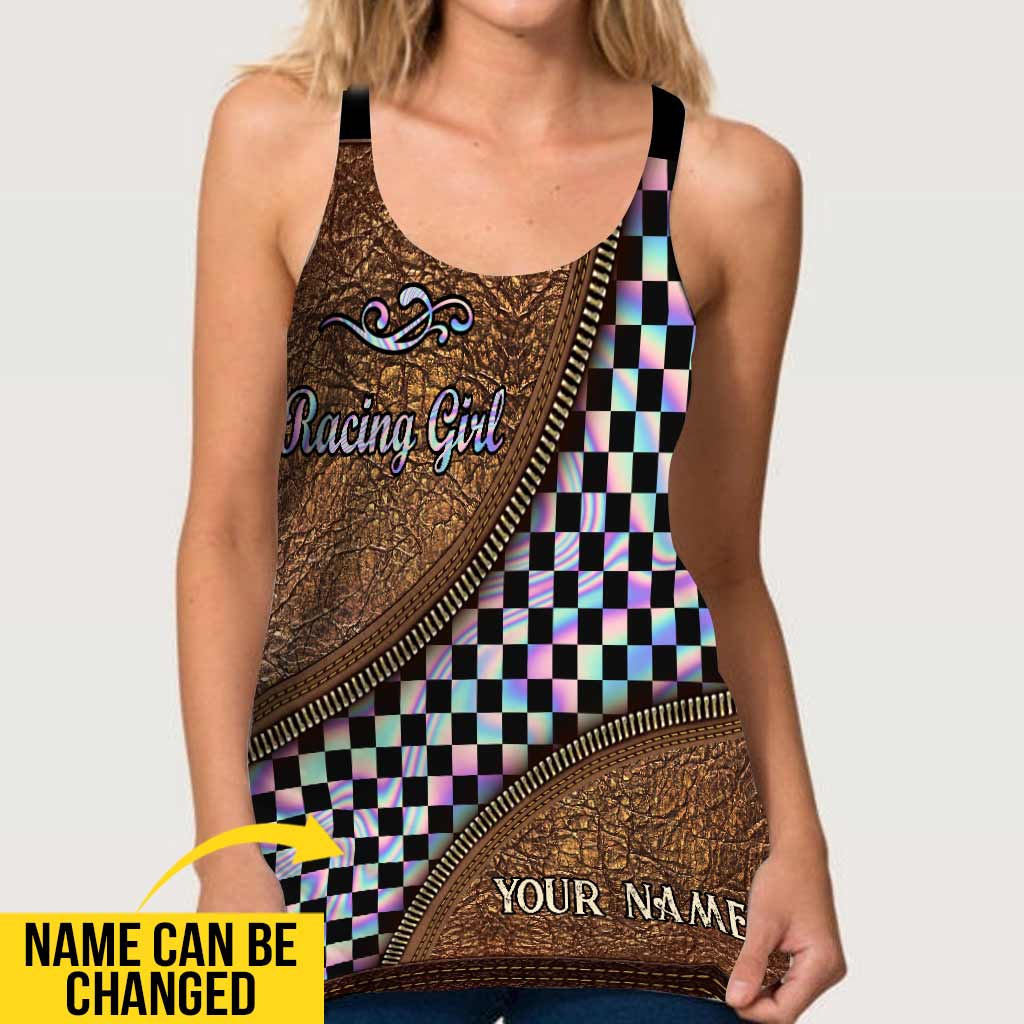 Racing Girl Personalized Leather Pattern Print Cross Tank Top