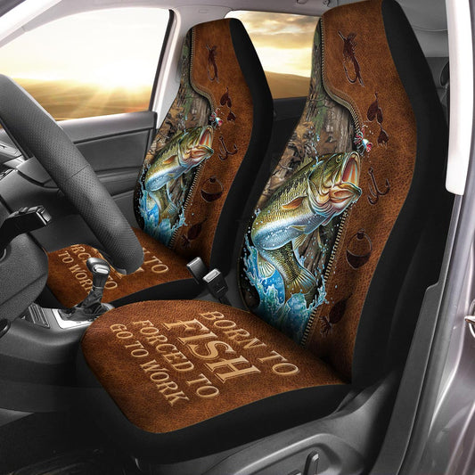 Born To Fish Forced To Go To Work - Fishing Seat Covers With Leather Pattern Print