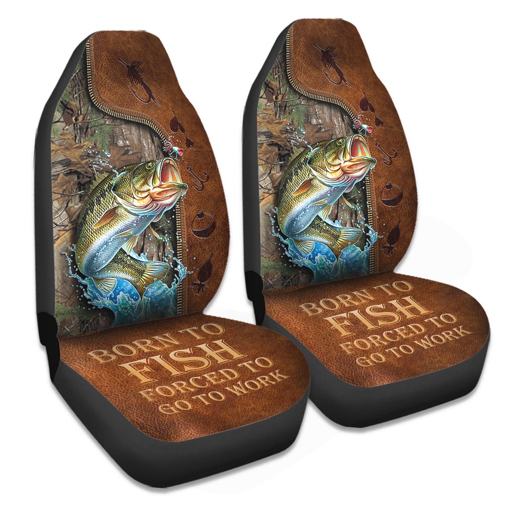 Born To Fish Forced To Go To Work - Fishing Seat Covers With Leather Pattern Print