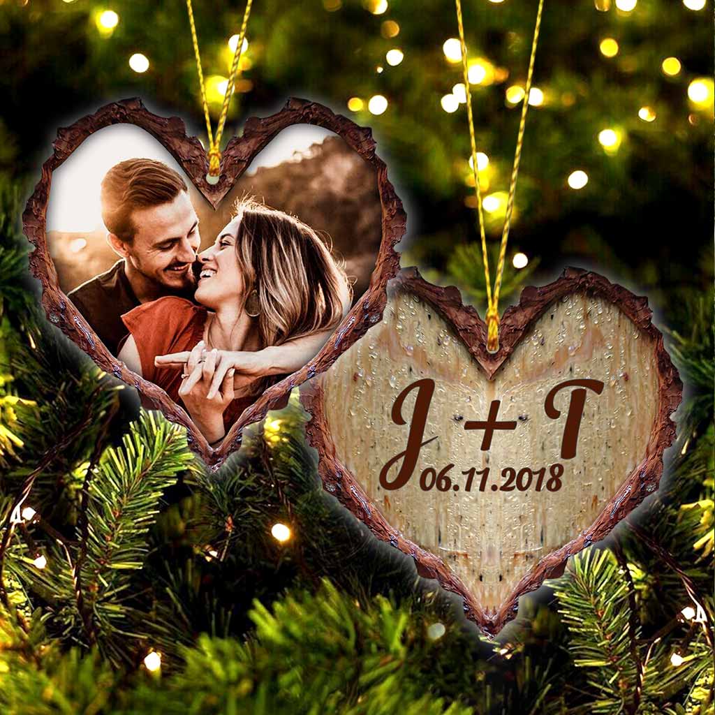 Wood Carved Heart - Personalized Christmas Couple Ornament (Printed On Both Sides)