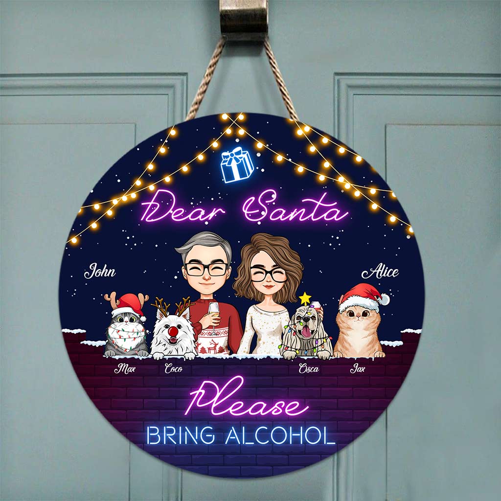 Dear Santa Please Bring Alcohol - Personalized Couple Round Wood Sign