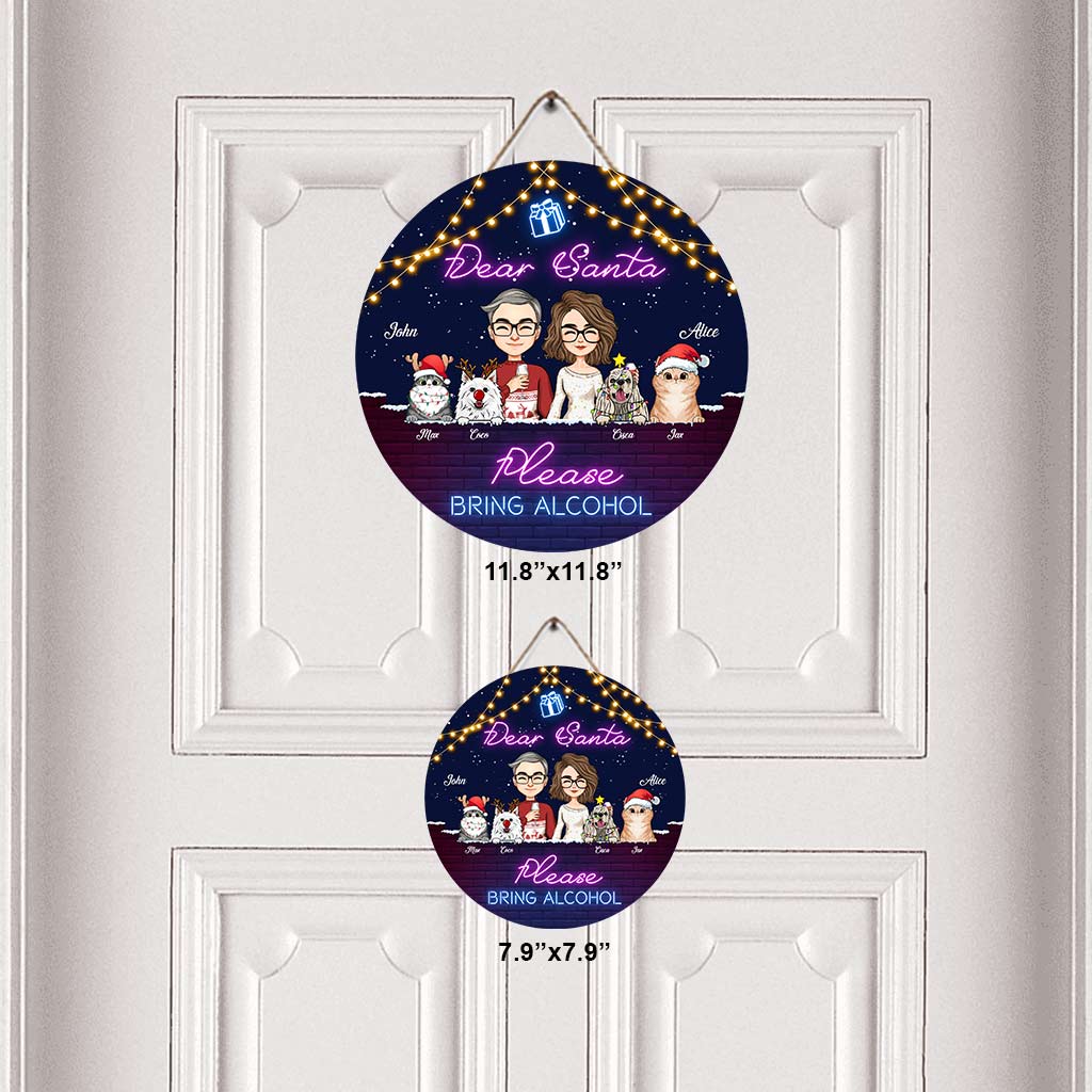 Dear Santa Please Bring Alcohol - Personalized Couple Round Wood Sign