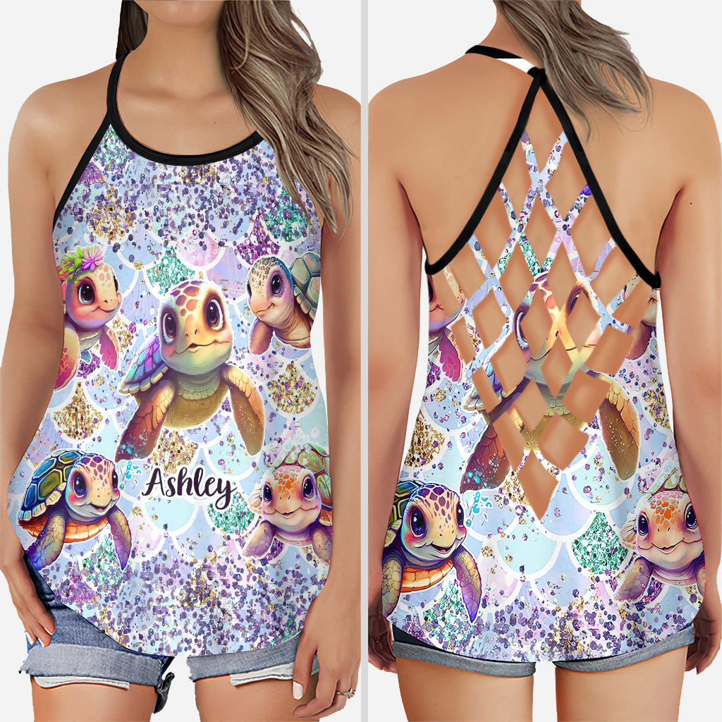 Salty Little Beach - Personalized Turtle Cross Tank Top