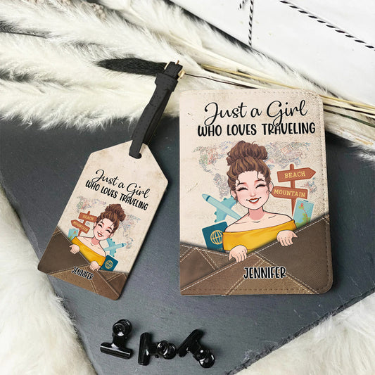Just A Girl Who Loves Traveling - Personalized Travelling Leather Luggage Tag & Passport Holder
