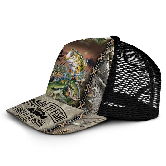 Born To Fish Forced To Work - Personalized Fishing Trucker Hat (Black Mesh)